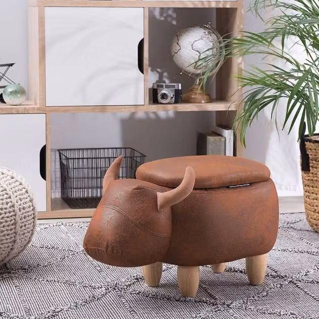 Wyld and Coco Cow Stool with Storage in Brown Faux Leather and Rubberwood Legs