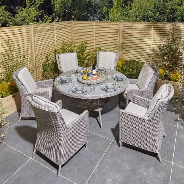 Rowlinson Prestbury 6 Seater Round Rattan Dining Set with Glass Top in Grey and Brown