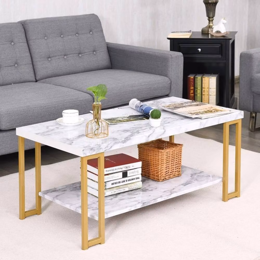 FORGEVIO Modern 2-Tier Square Coffee Table in White with Glossy MDF and Metal Finish – 2