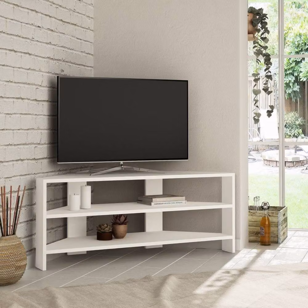 CALICOSY Thales Corner TV Unit with 3 Shelves in White, Width: 114 cm – 2