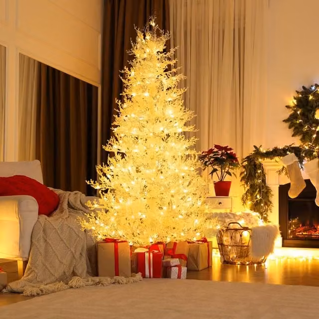 Gymax 180 cm Pre-lit Artificial Christmas Tree with Snow Flocked Branch Tips in White