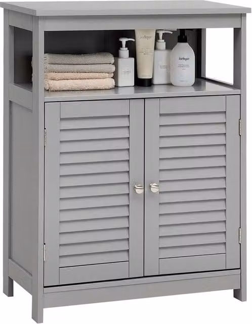 VOGREX Grey Wooden Freestanding Bathroom Floor Cabinet with Roll Shutter Doors and Internal Shelves – 1