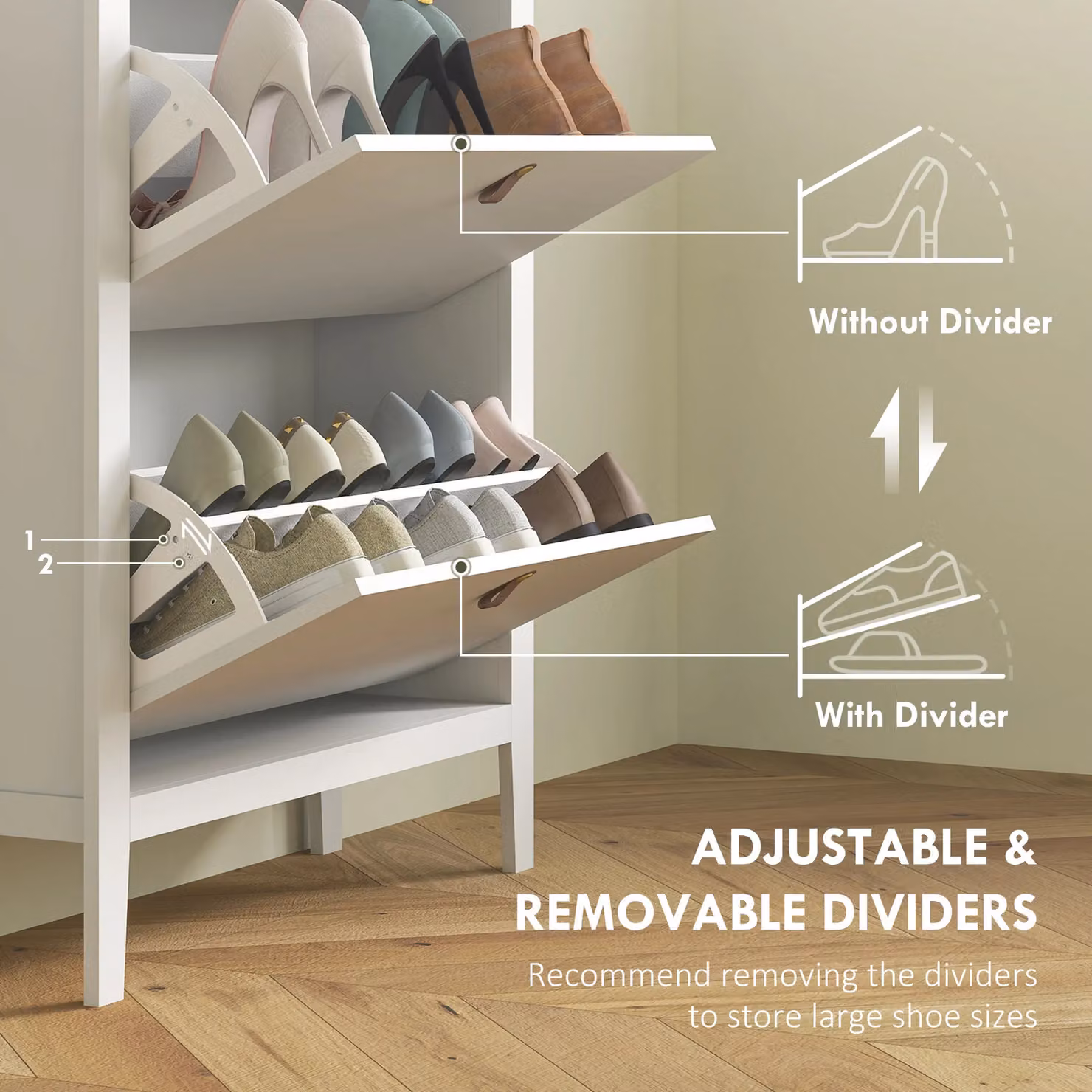 HOMCOM Modern White 2 Drawer Shoe Cabinet with Tilting Compartments for Hallway and Entryway – 3