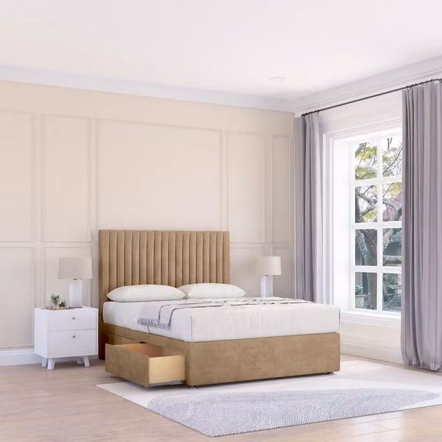 Sloomy Manhattan Silver Divan Bed Base with 4 Drawers and 26 Inch Struts Headboard in Light Brown, W/D/H: 140 x 200 cm