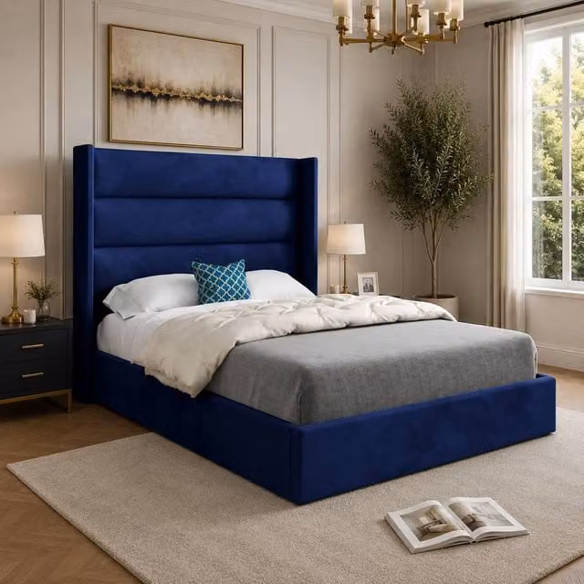 Casani Ramsey Straight Winged Upholstered Designer Bed Frame in Blue Soft Velvet, W/D/H: 137 x 120 x 200 cm