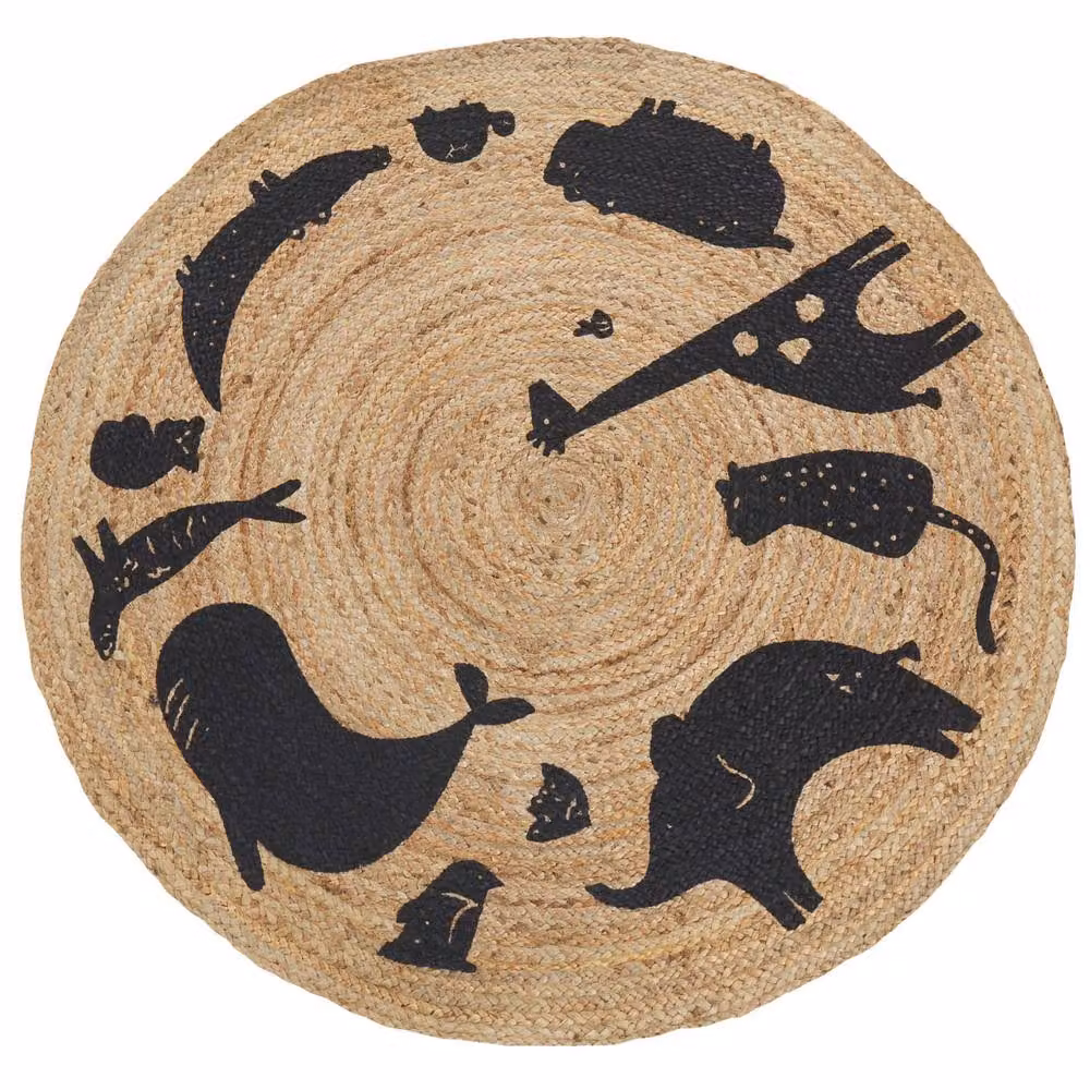 Wyld and Coco Beige and Black Jute Round Rug with Boho Animal Motif, Diameter: 120 cm – 2
