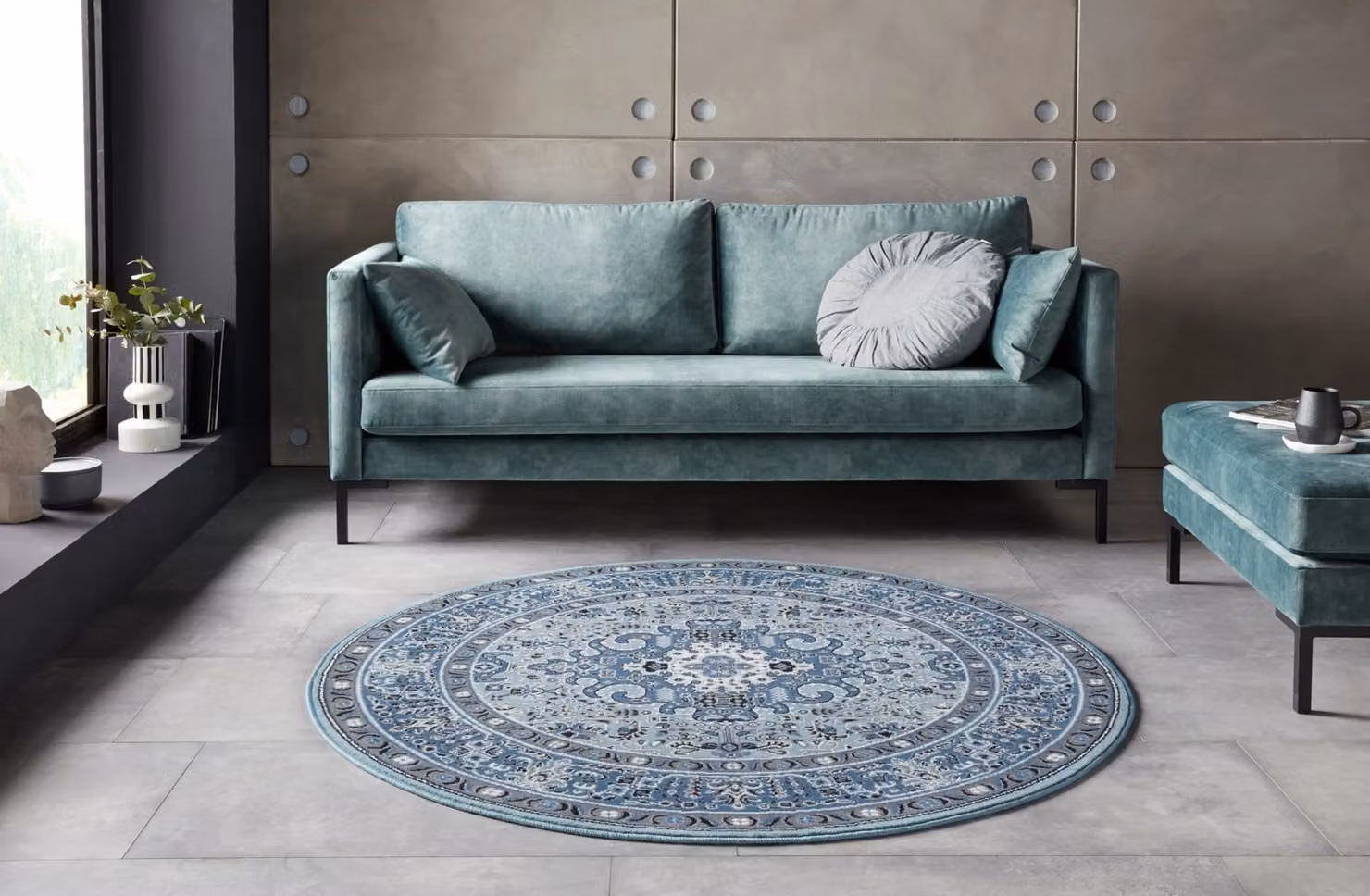 THE RUGS Skazar Isfahan Oriental Round Polypropylene Rug with Jute Backing in Blue, Grey, Red and Beige, Diameter: 160 cm – 3
