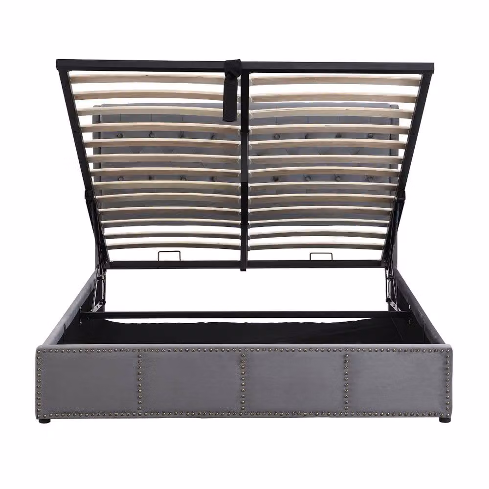 Rolipo Grey Velvet Ottoman Bed with Hydraulic Storage and Rivets, W: 150 cm, D: 200 cm, H: 102.5 cm – 5