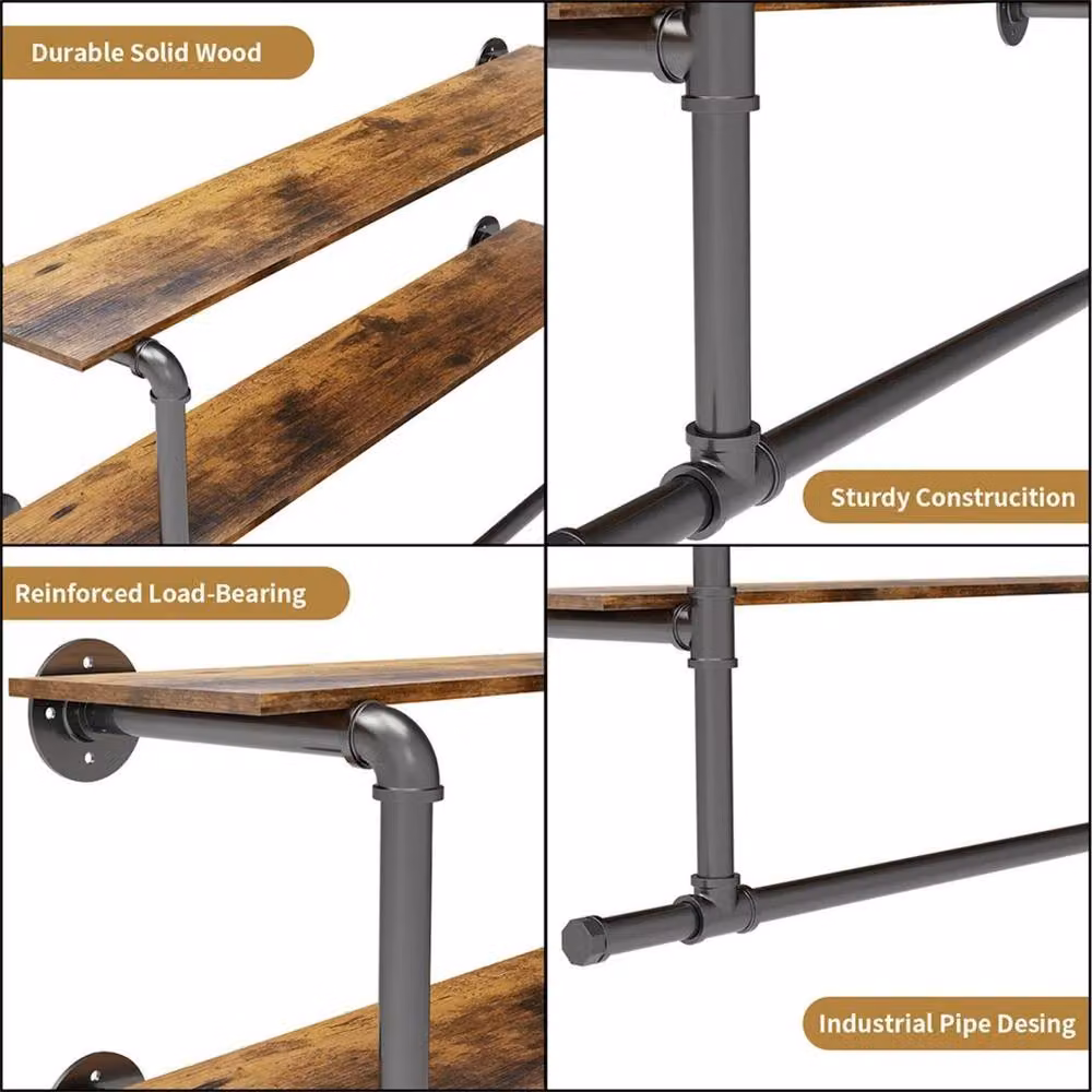 EONLION Industrial Wall Mounted Pipe Clothes Rail and Garment Rack in Black and Dark Brown, Width: 50 cm – 3