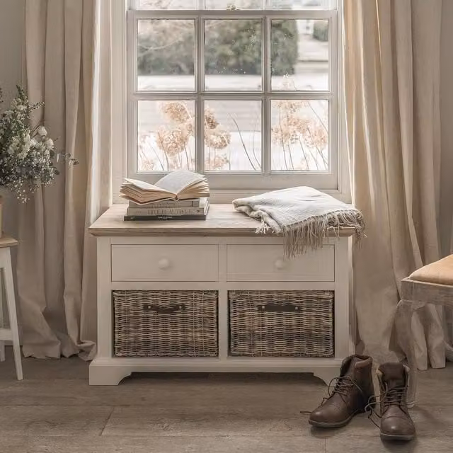 Statement Furniture Florence Storage Bench with 2 Drawers and 2 Baskets in White