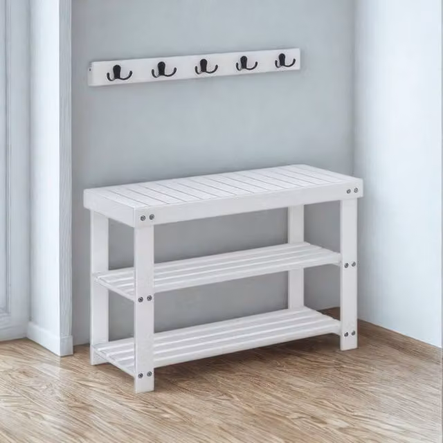 Pirlo Plush 3 Tier Bamboo Hall Tree Bench with Coat Hooks, White – 1