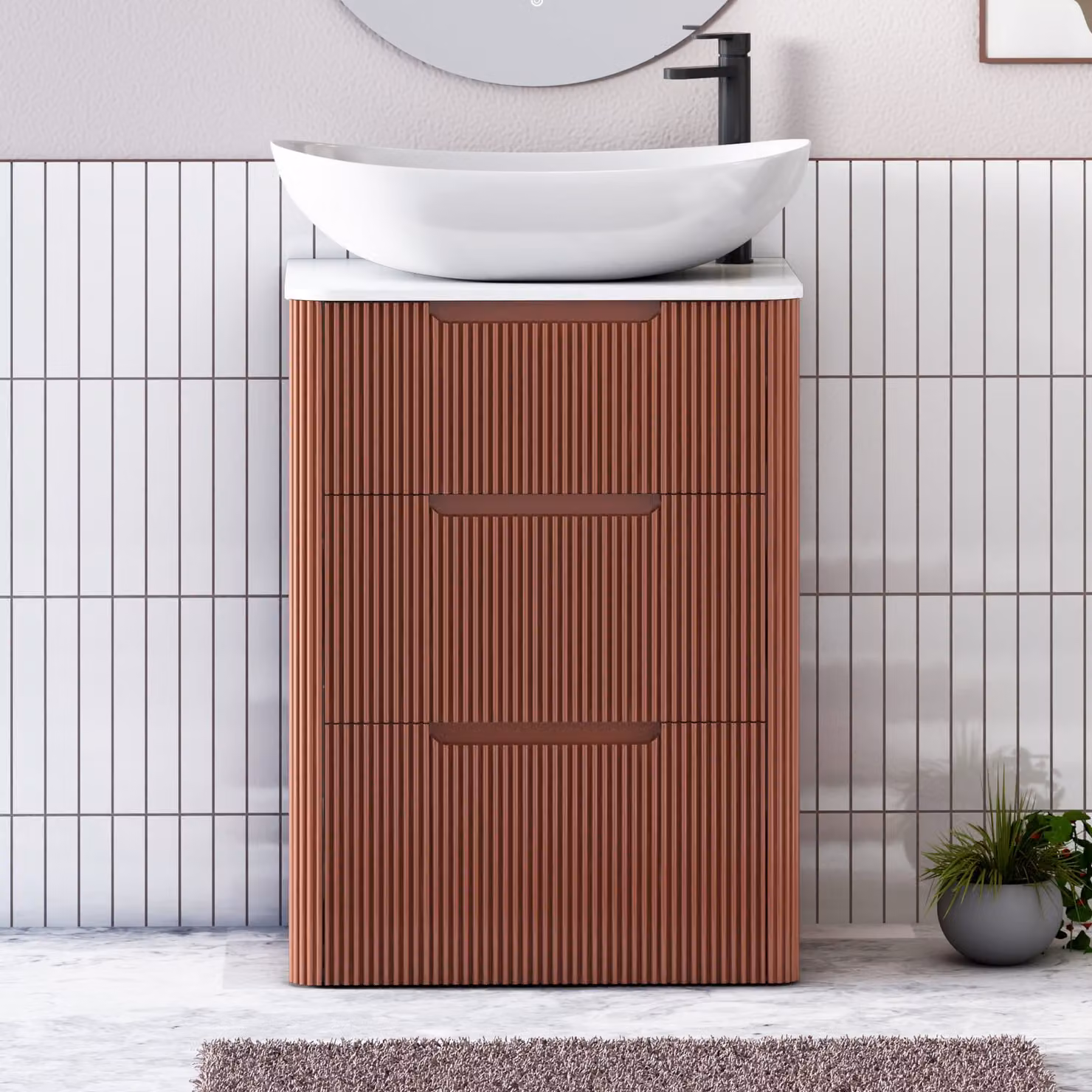 Royal Bathrooms Avenza 600mm Terracotta Clay Floor Standing 3 Drawer Vanity Unit with Plain White Worktop and Cesar Basin