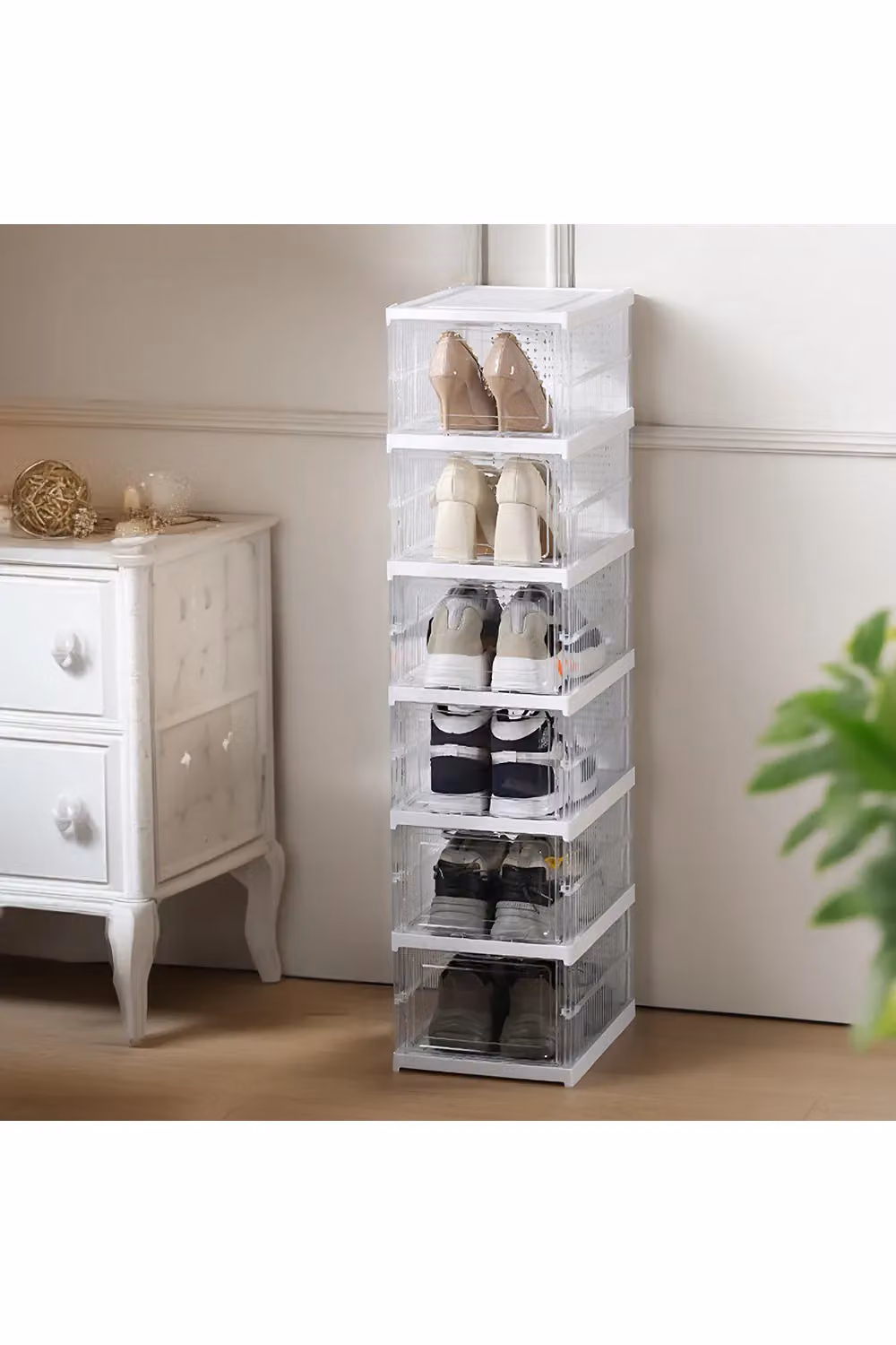 Living and Home 6-Tier Foldable Shoe Storage Organiser with Hinged Glass Doors in White – 3