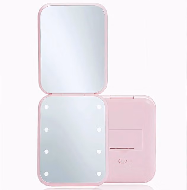 Latto LED Lighted Makeup Mirror with 3X Magnification, Pink Tabletop Folding Compact Mirror