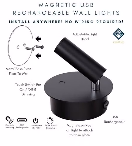 CGC Lighting Black Dimmable LED Rechargeable Magnetic Wireless Adjustable Wall Reading Lamp – 2