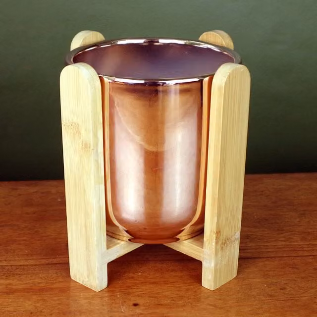 Gold Ceramic Round Planter with Brown Wooden Bamboo Stand
