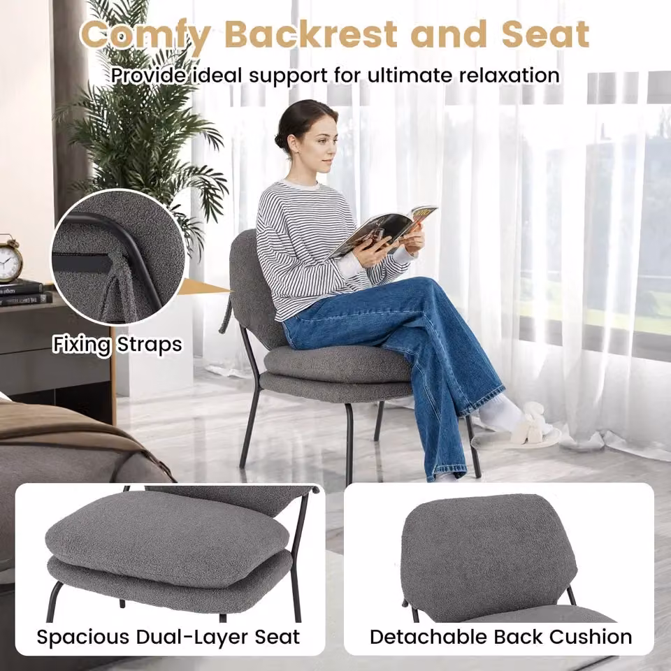 Costway Armless Accent Chair in Grey Teddy Fleece Fabric with Metal Frame – 4