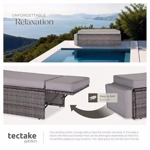 tectake Rattan Garden Furniture Set in Grey with 2 Seater Sofa and Ottoman featuring Powder Coated Steel Frame and UV-Resistant Cushions – 4
