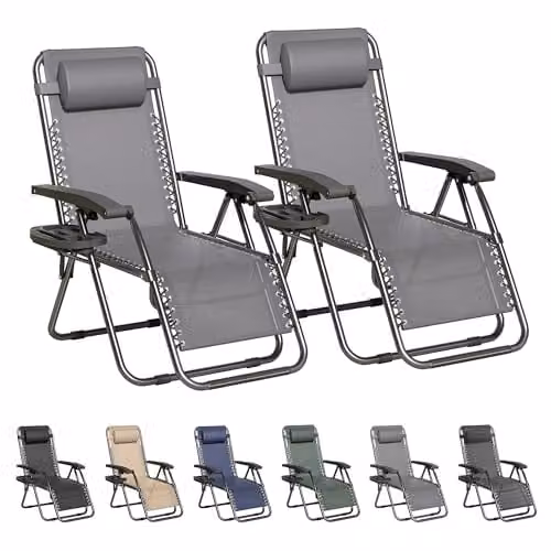 MCC Direct Set of 2 Zero Gravity Reclining Sun Loungers with Textilene Fabric, Cup Holders and Adjustable Headrests in Black and Grey – 1
