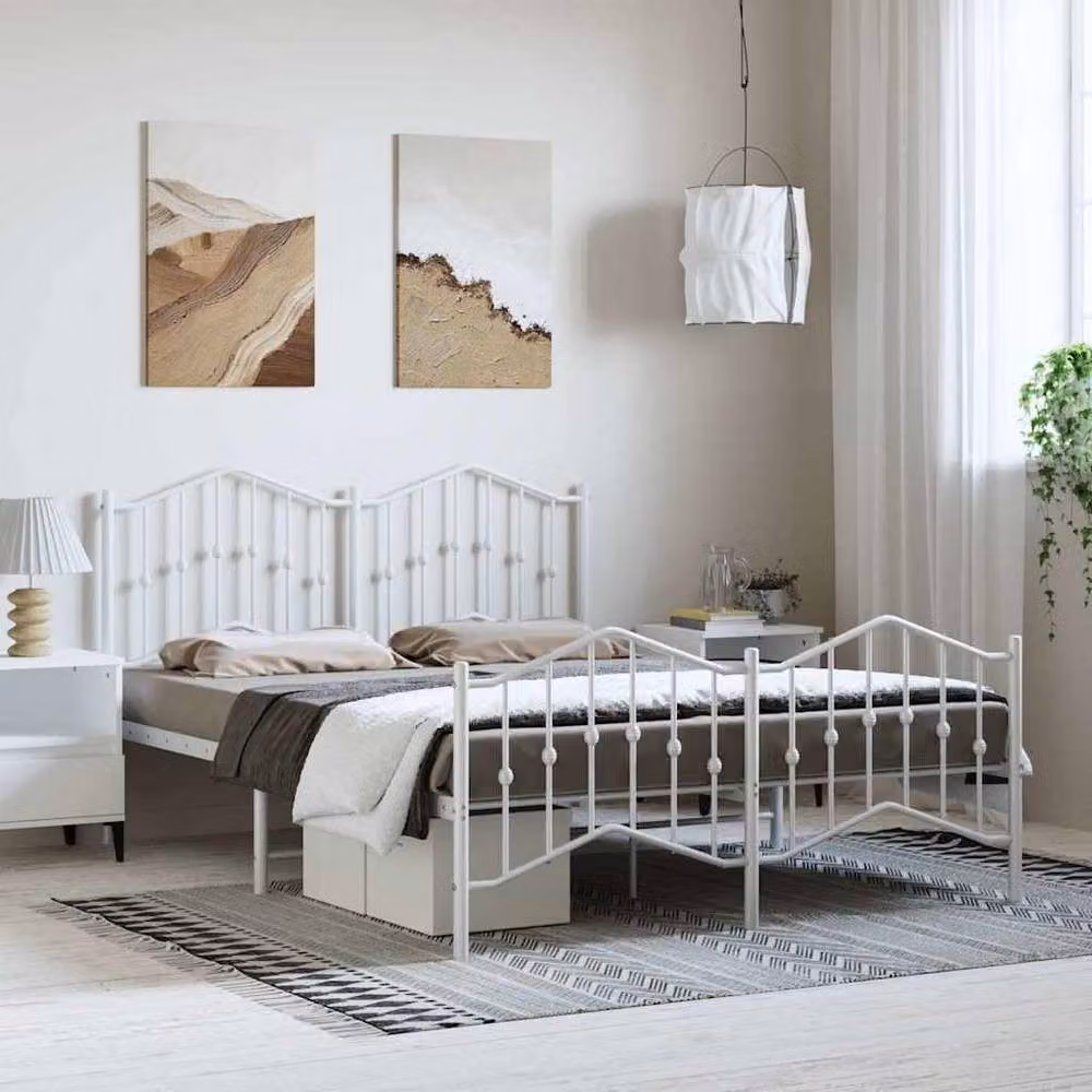 Berkfield Home Metal Bed Frame with Headboard and Footboard in White, W: 135 cm, L: 190 cm – 2