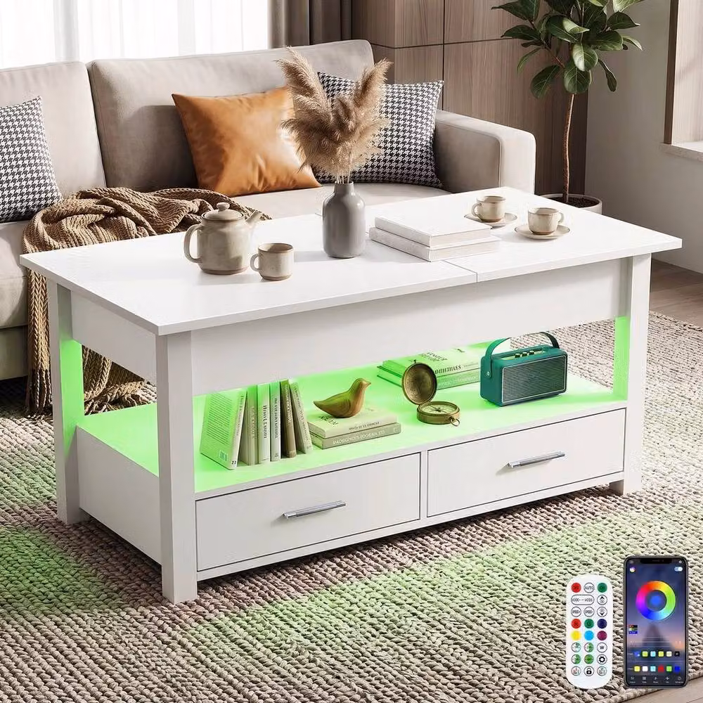 EONLION White LED Lift Top Coffee Table with Drawers – 4
