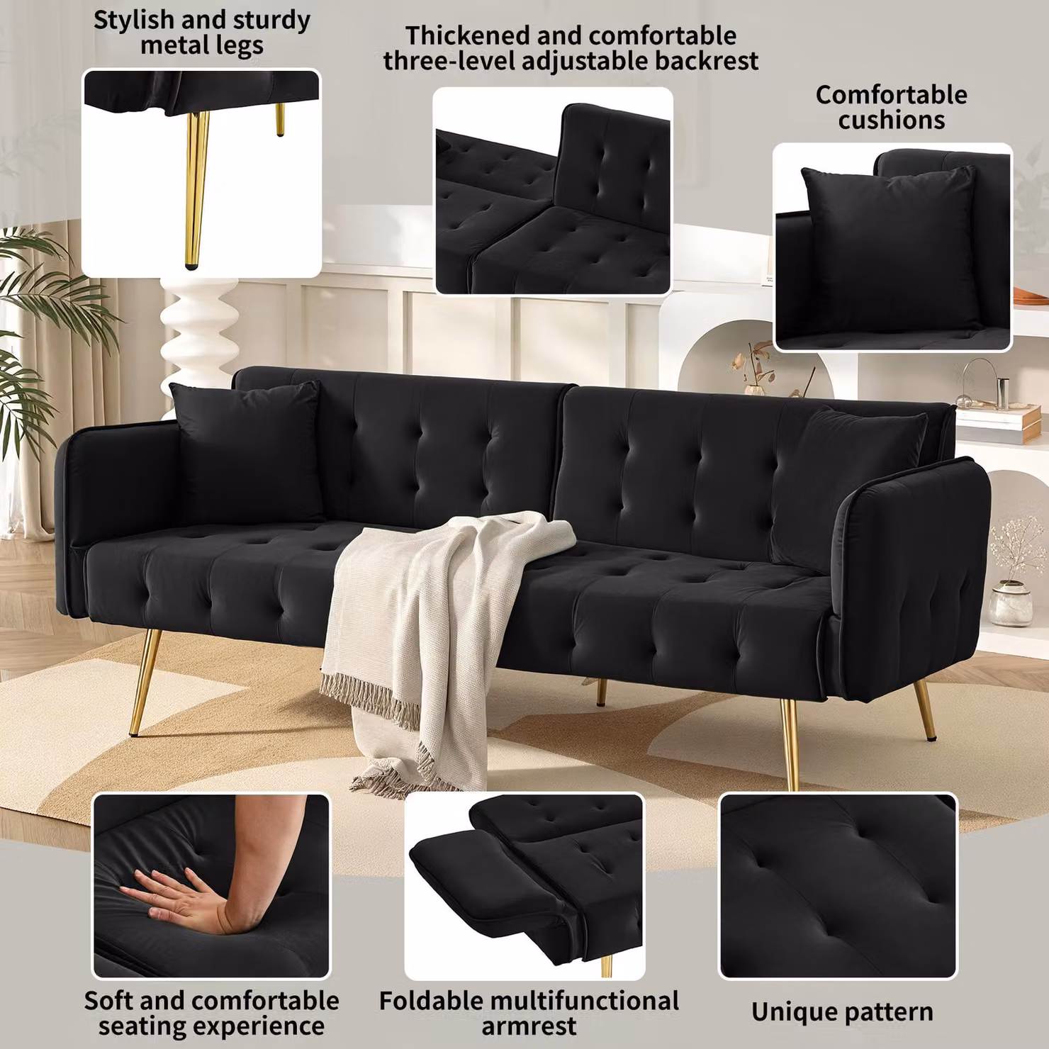 Aosom UK Black Velvet 2-Seater Click-Clack Sofa Bed with Gold Accents, W/D/H: 178 x 82 x 70 cm – 5
