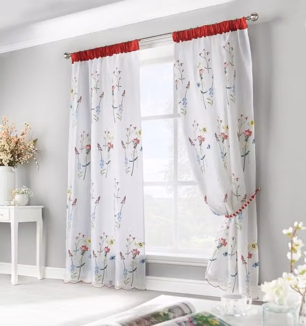 Luxury Living Floral Embroidered Voile Curtains, Multicolour, Width: 145 cm, Drop: 137 cm