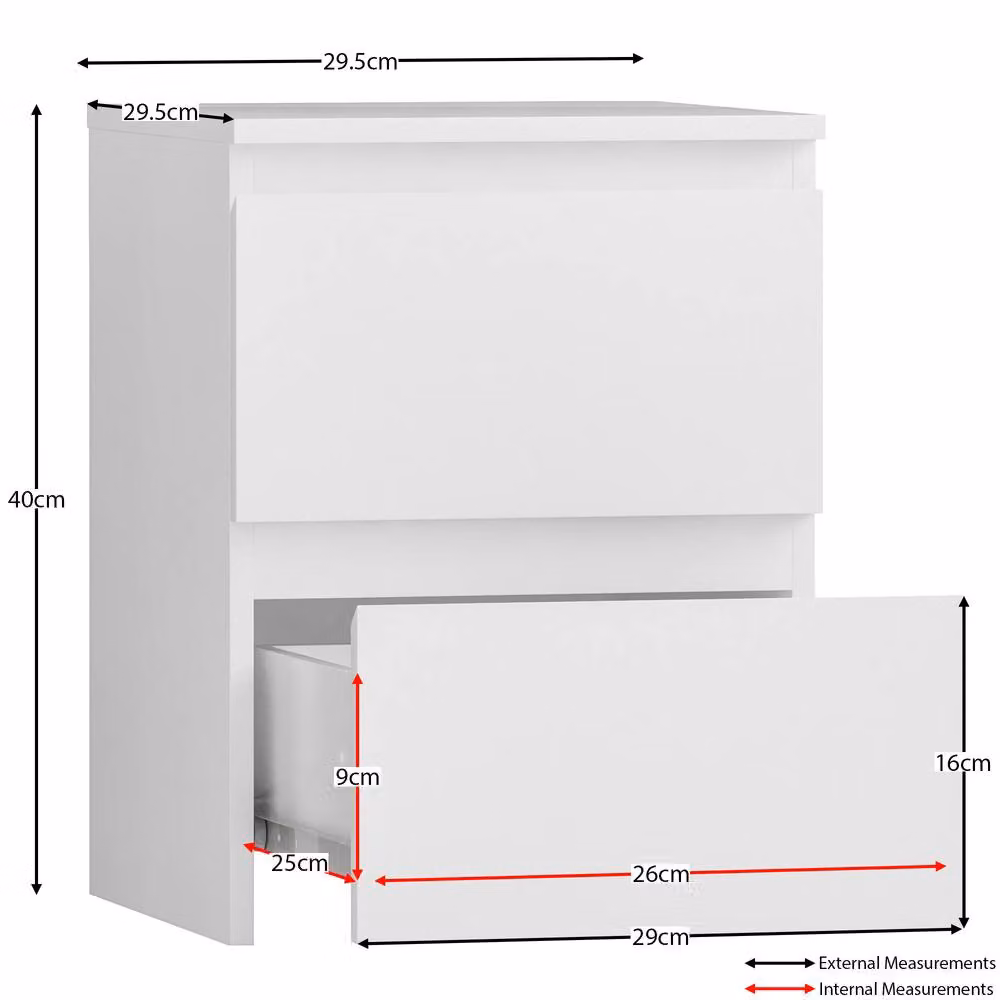 HD Designs Denver 2 Drawer Bedside Chest in White, W/D/H: 40.0 x 29.5 x 29.5 cm – 2