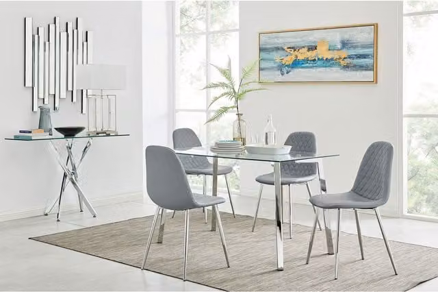FurnitureboxUK Cosmo Modern Rectangular Glass Dining Table and 4 Corona Silver Leg Dining Chairs in Grey
