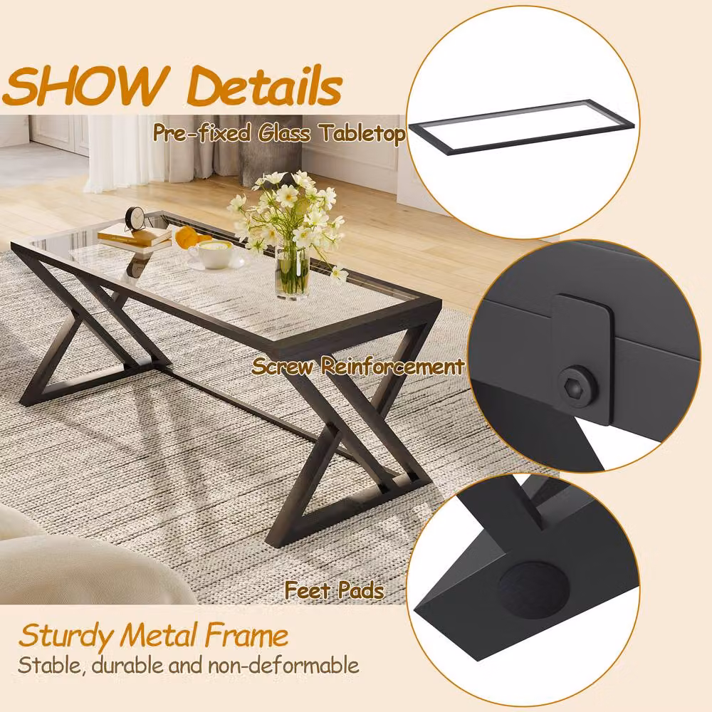 Huhote Rectangular Glass Coffee Table with Black Metal Frame in Clear and Black – 3