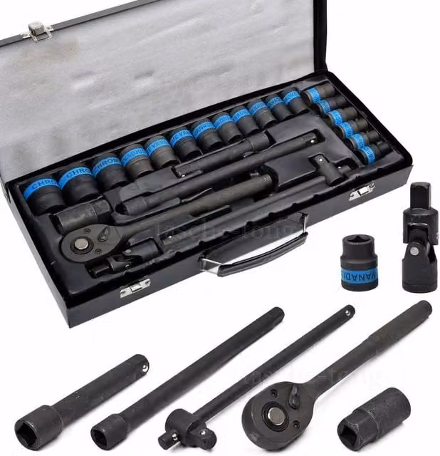 SPETLEK Heavy Duty 1/2 inch Ratchet Wrench Socket Set 8-32mm in Black