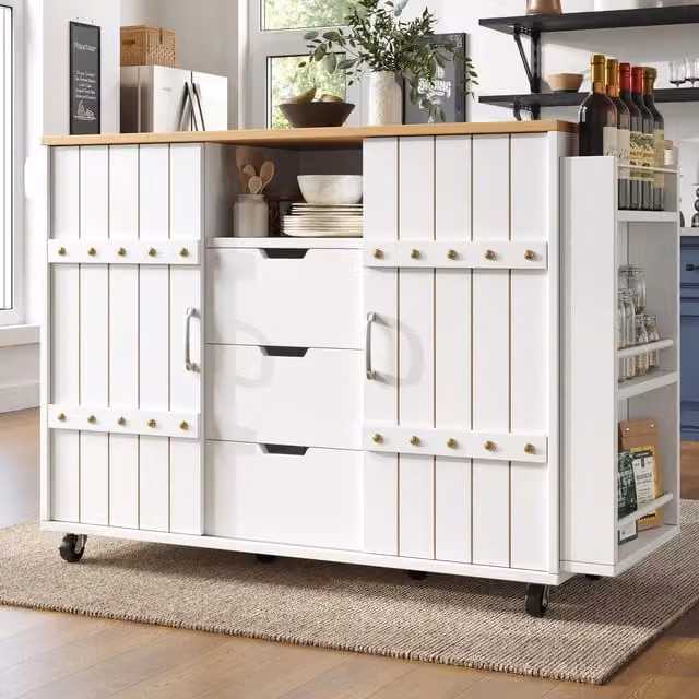 Aosom UK White Kitchen Island Trolley with Fold-Out Worktop, Aluminium Handles and 2 Lockable Castors, W/D/H: 42 x 42 x 90 cm