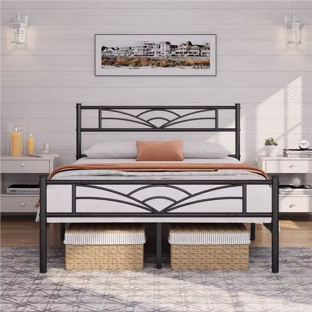 Yaheetech Modern Matt Black Metal Bed Frame, W: 140 cm, L: 200 cm