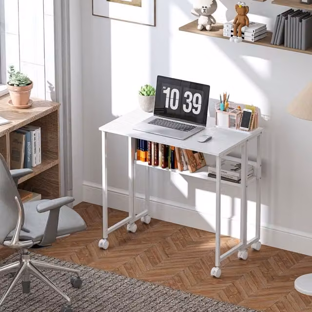 HOMCOM White Foldable Drop Leaf Computer Desk with Castors for Small Spaces