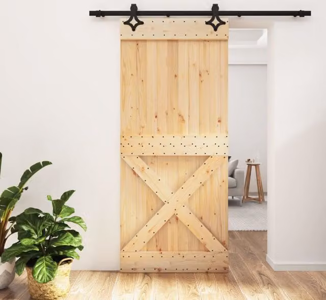 Berkfield Home Modern Sliding Door with Hardware Set, Solid Wood and Steel, Brown, W: 90 cm, H: 210 cm – 1