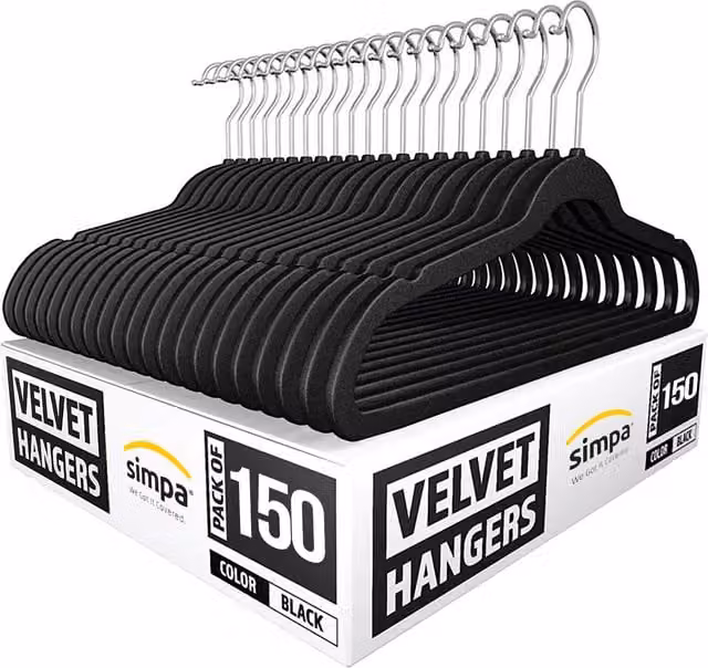 Simpa Heavy Duty Velvet Non-Slip Space Saving Clothes Hangers with 360 Degree Swivel Hook, Black and Silver, Pack of 150