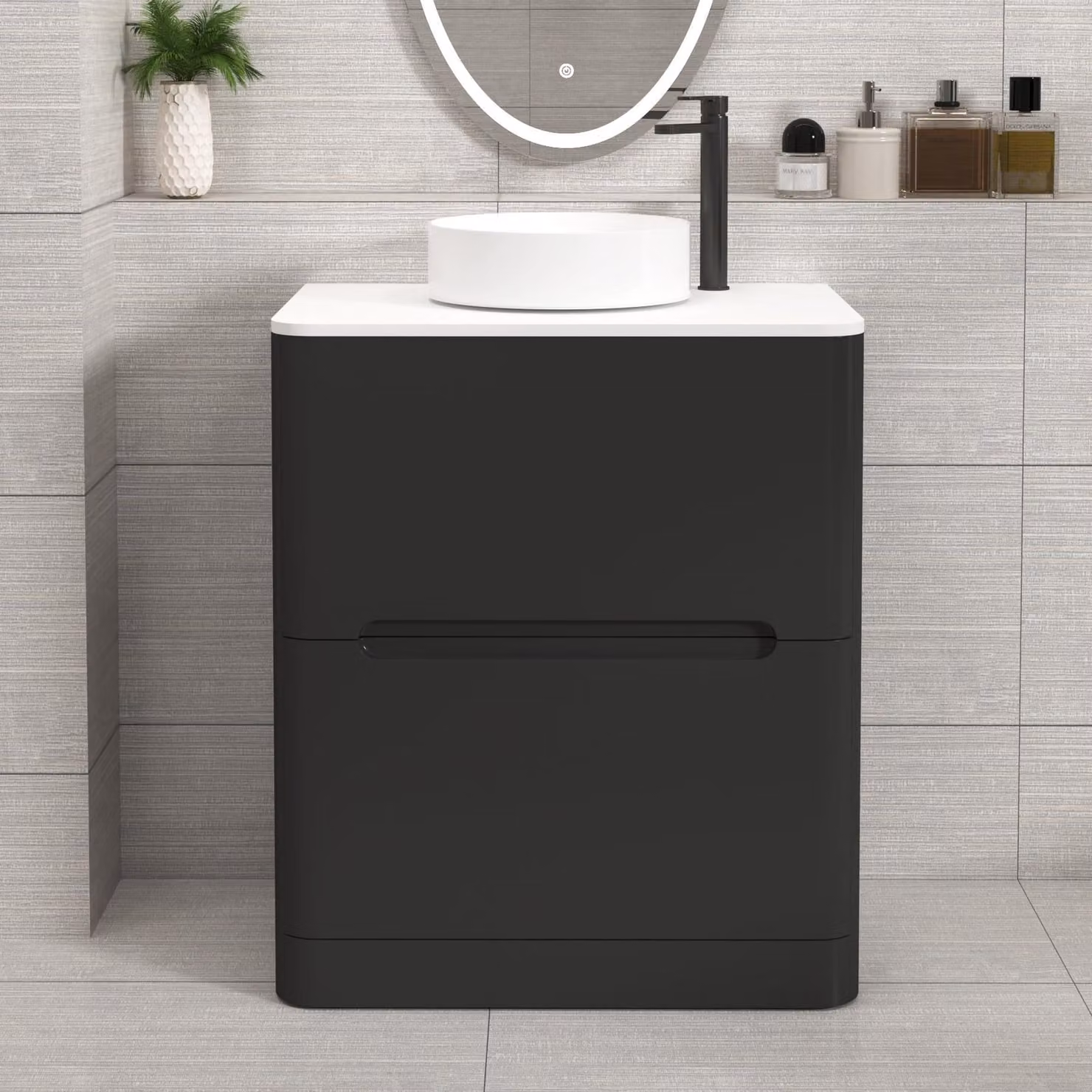 Royal Bathrooms Venice 700mm Floor Standing Vanity Unit in Matt Nocturne Black with 2 Drawers and Plain White Worktop with Art Basin