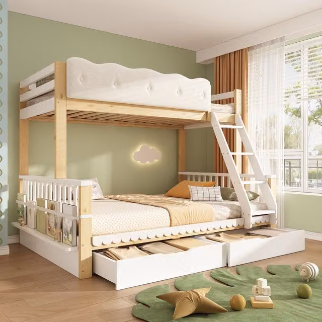 AKA Modern White Children's Bunk Bed with Drawers and Side Bookshelf