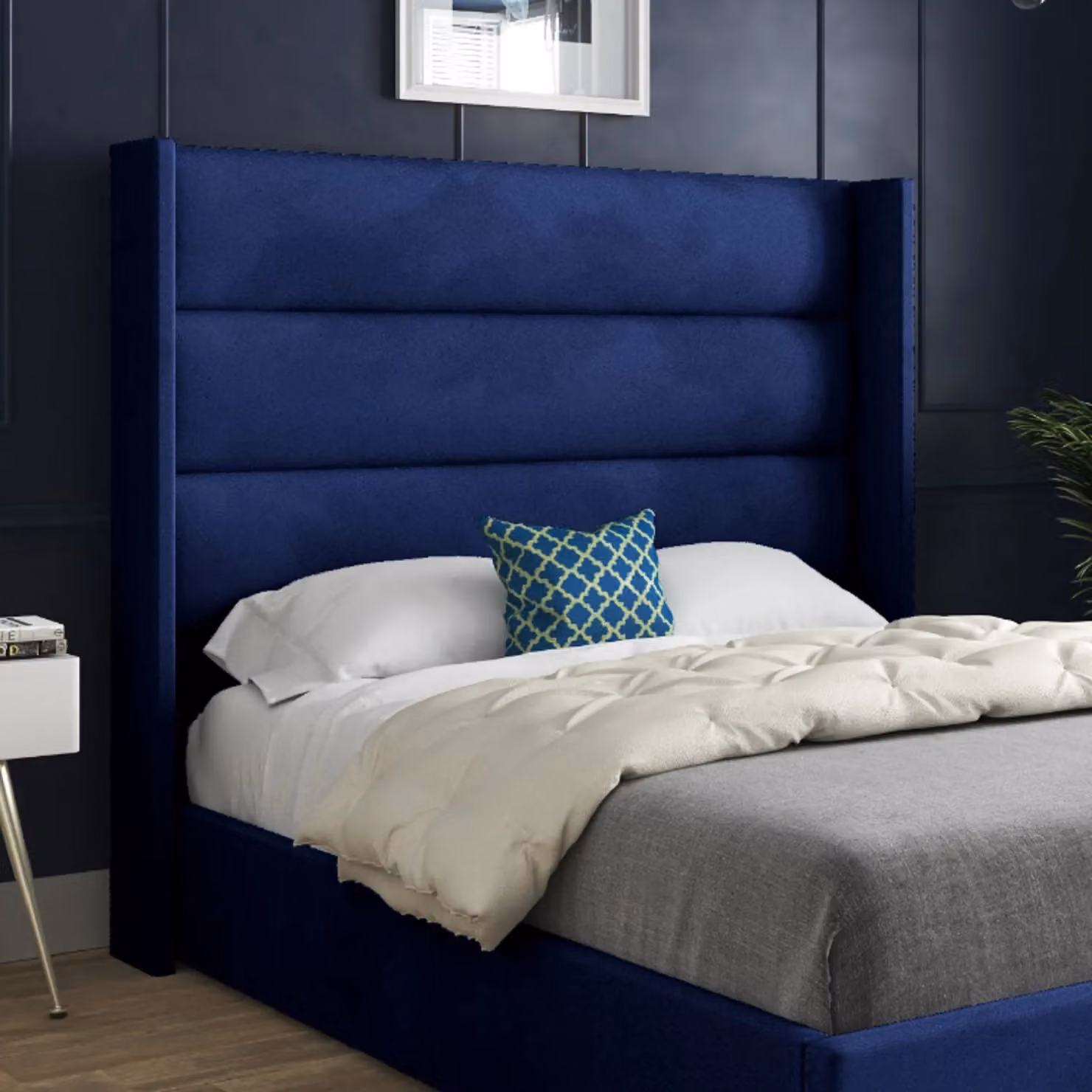 Casani Nuno Upholstered Soft Velvet Bed Frame in Blue, Super King, W/D/H: 200 x 200 x 189 cm – 2