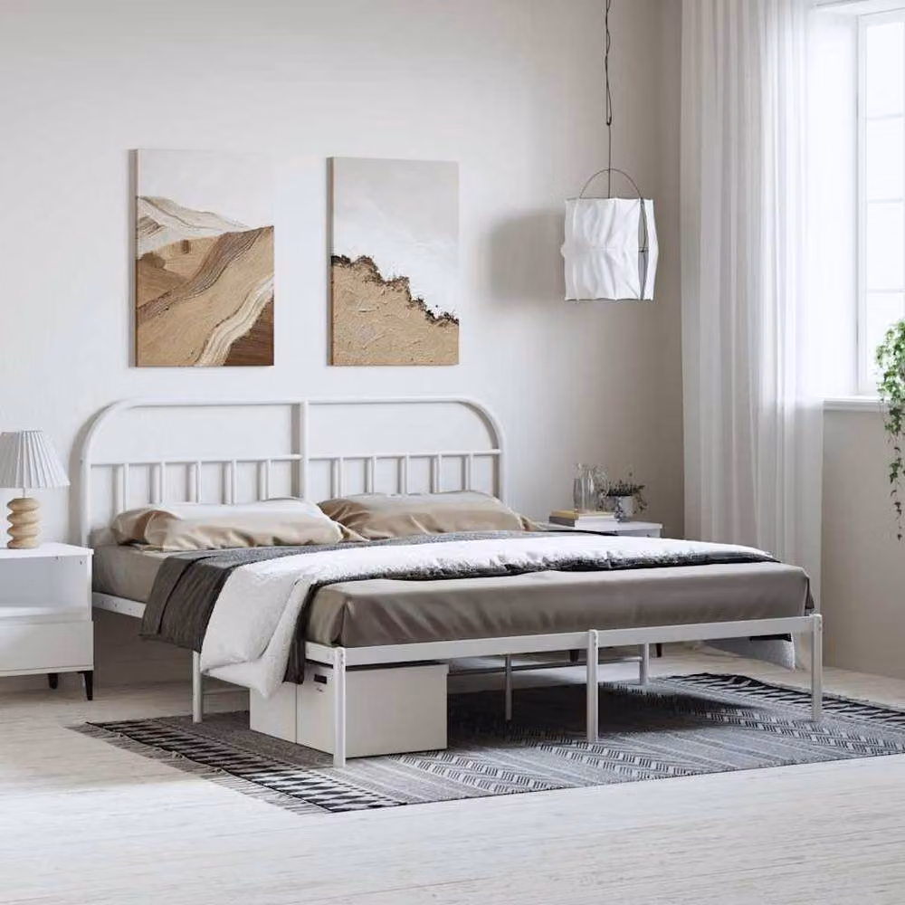 Berkfield Home Metal Bed Frame with Headboard in White, W/D/H: 183 x 100 x 187 cm – 2