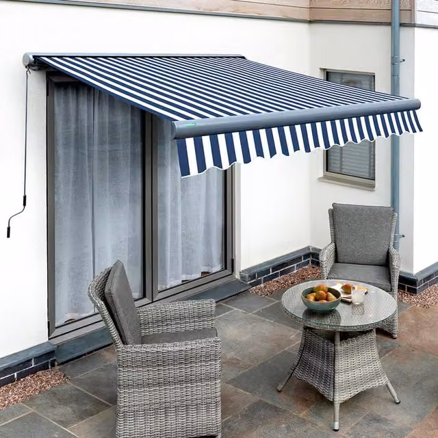 Primrose Manual Full Cassette Awning in Blue and White Stripe, W: 300 cm, D: 400 cm