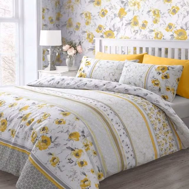 Velosso Printed Geo Floral Polycotton Duvet Cover and Pillowcase Set in Orange, Grey, White and Yellow