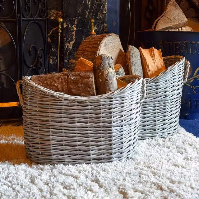 Madison & Mayfair Set of 2 Oval Scoop Log Baskets in Grey and Brown Open Weave Rattan – 2
