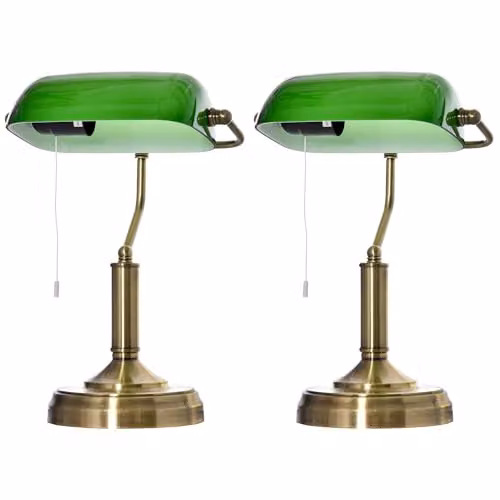 HOMCOM Set of 2 Vintage Banker's Table Lamps with Green Glass Shades and Bronze Metal Base – 1