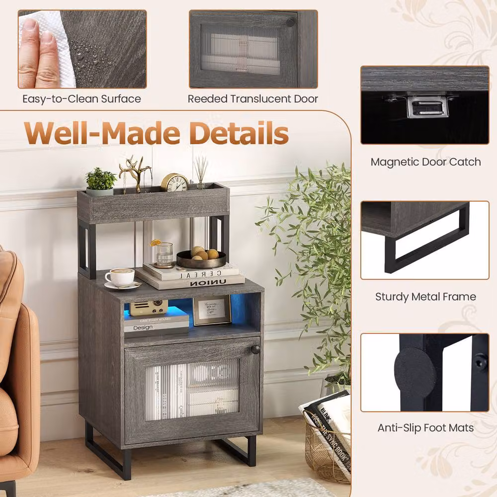 Costway Modern Grey Nightstand with Integrated Lighting and Top Tray – 7