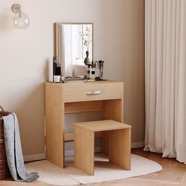 FORGEVIO Modern Dressing Table with Mirror and Stool Set in Brown Wood – 1
