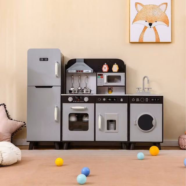 Costway 3 in 1 Kids Kitchen Playset in Brown and Grey
