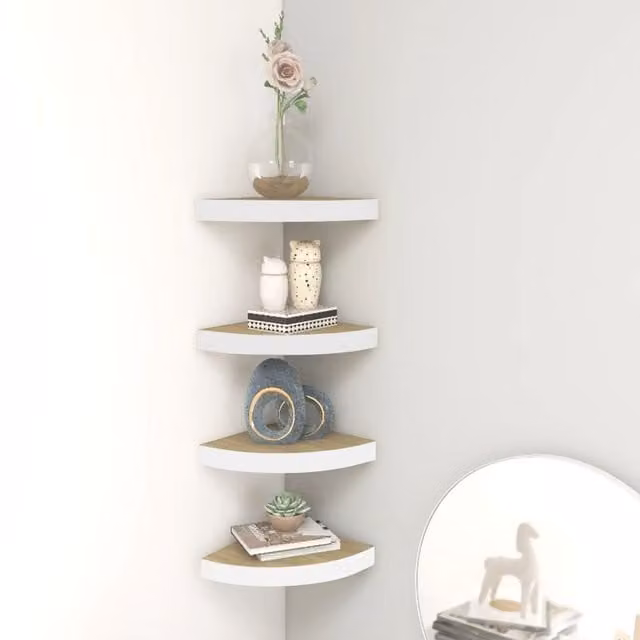 Berkfield Home Set of 4 Geometric Wall Corner Shelves in Oak and White MDF, W/D/H: 25 x 25 x 3.8 cm