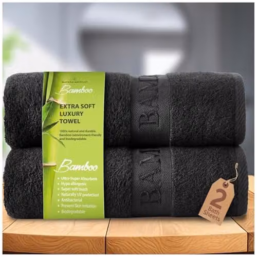 GC GAVENO CAVAILIA 2 Pack Extra Large Bamboo and Cotton Bath Sheets, Black, W: 80 cm, H: 140 cm – 1