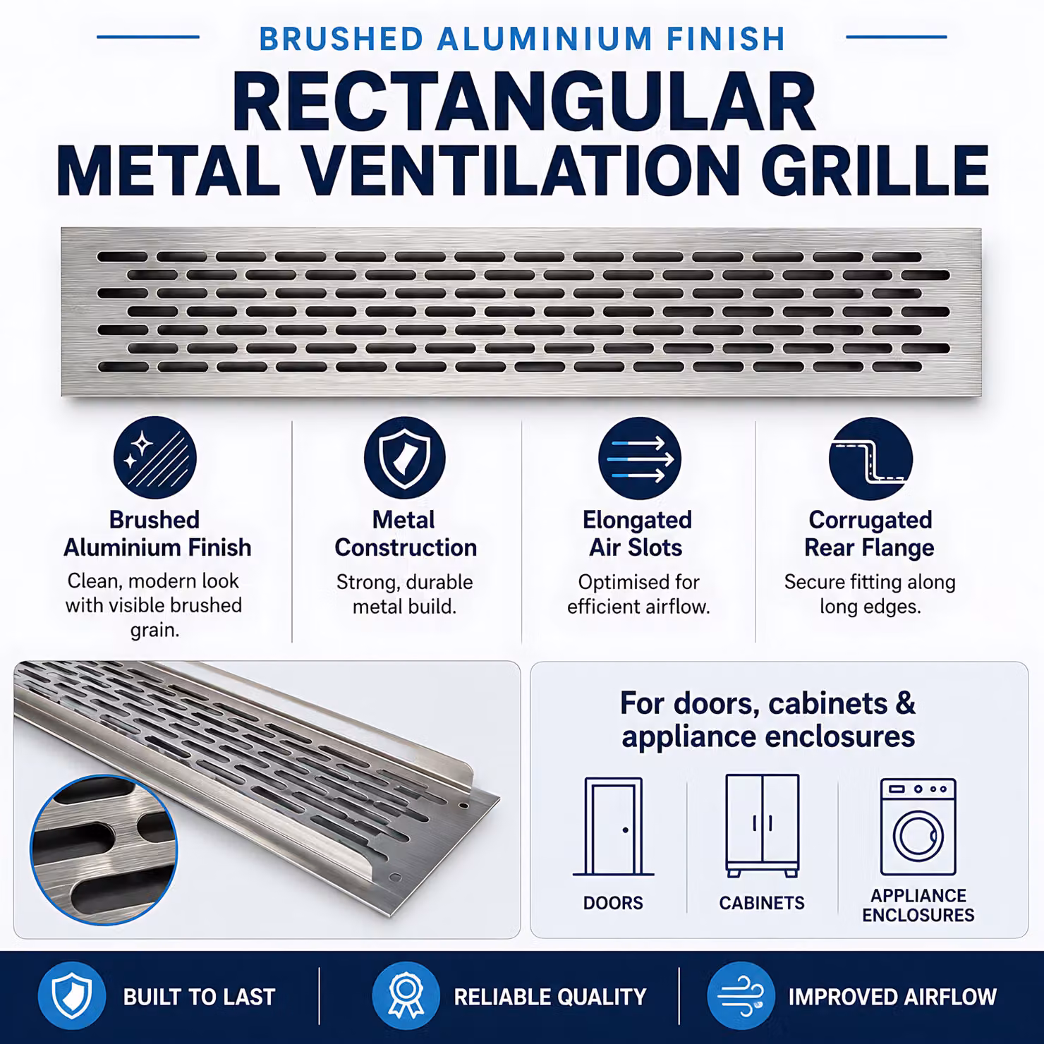 Sola Rectangular Metal Ventilation Grille in Brushed Silver Aluminium, W/D/H: 48.5 x 46 x 0.65 cm – 3